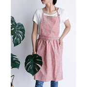 厨房围裙日韩式棉麻百褶公主无袖，小清新薄款围裙奶茶店工作服罩衣