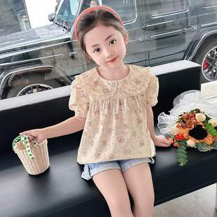 女童韩版短袖上衣全棉衬衫，纽扣纯棉碎花甜美蕾丝夏季幼儿园娃娃衫