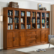 实木书柜储物收纳柜美式客厅满墙书橱玻璃门，落地书架组合置物柜