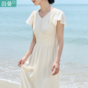 茵曼飞飞袖连衣裙女2024年夏季高腰白色裙子沙滩裙高端夏天