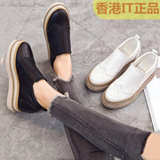 GG。香港IT加绒真皮小白鞋松糕厚底内增高坡跟布克洛单鞋女鞋