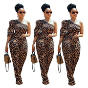 Leopard Print Cross-Shoulder Jumpsuit 时尚豹纹收腰斜肩连体裤
