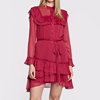 欧美时尚春秋季气质酒红色休闲舒适荷叶边修身显瘦法式连衣裙