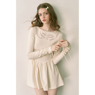 1pstudio原创设计米，白色蕾丝蝴蝶结镂空修身针织弹力长袖连衣裙