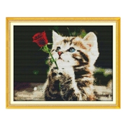 玫瑰经典印花十字绣卧室送男女朋友棉线绣可爱小猫图案画等待爱情