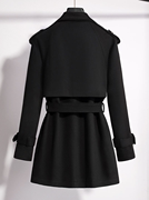 丝柏舍黑色长袖收腰大衣，2023冬装女装，时尚修身显瘦休闲外套