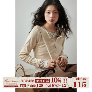 jmwomen短款长袖套头假两件碎花针织衫女春季日系小众设计感上衣