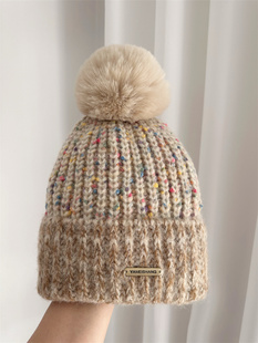 秋冬加厚可爱毛球毛线帽子女韩版保暖护耳针织帽彩线时尚冷帽