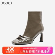 JOOC玖诗时装靴漆皮秋季欧美细跟高跟女靴小众设计感短靴6208