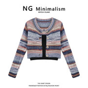 ngminimalism彩虹条纹短款针织，开衫外套+黑色，吊带上衣两件套秋冬