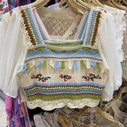 民族风方领泡泡镂空袖短袖T恤女夏季设计感小众波西米亚衬衫上衣