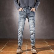 欧洲站潮牌牛仔裤男浅色修身小直筒复古破洞做旧个性休闲长裤子男