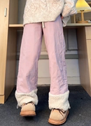 大码美式粉色葫芦纹保暖棉裤女冬季摇粒绒加厚夹棉防水休闲裤