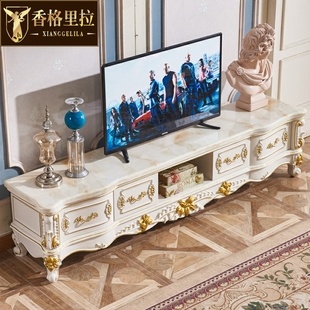 欧式大理石电视柜 美式别墅客厅茶柜矮柜组合实木雕花描金储物柜