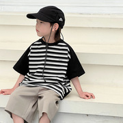 2024夏季韩版儿童棉质条纹短袖T恤宝宝时尚字母拼色插肩上衣