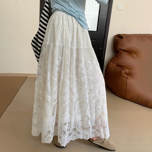 新中式国风蕾丝半裙2024春季女装高腰，气质纯色半身裙长裙