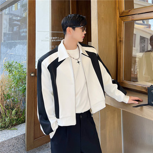 设计感个性黑白拼色垫肩短款夹克男上衣，休闲帅气韩版高级感外套潮