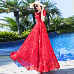 红色雪纺连衣裙女2023年夏季长款圆领，修身显瘦气质大摆长裙
