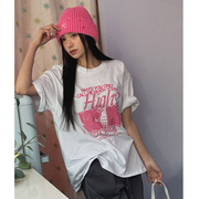 韩国女装LAG2024早春时尚宽松百搭字母圆领短袖休闲中长款T恤