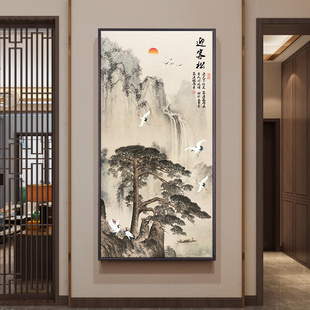 新中式油画中国风山水风景，竖版画玄关装饰挂画走廊，过道壁画迎