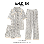 WALKING 纯棉睡衣女夏季短袖三件套宽松大码流苏边家居服套装