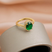 韩版简约镶钻祖母绿宝石戒指女时尚设计感开口可调节指环尾戒饰品