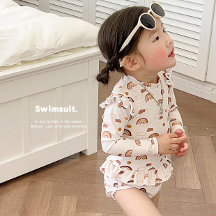 丹麦女童泳衣ins儿童，连体长袖防晒游泳衣中小童宝宝婴儿女孩泳装