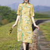 念棉麻江南女装夏季高支苎麻，印花设计感新中式改良旗袍连衣裙