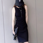 欧阿玛施女装2022夏季修身黑色无袖针织衫连衣裙5599025