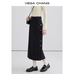 vegachang黑色显瘦半身裙，女2024春秋季设计感高腰包臀裙长裙