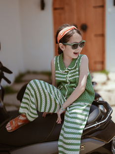 史豌豆(史豌豆)女童镂空针织套装2024夏季儿童无袖上衣长裤洋气两件套