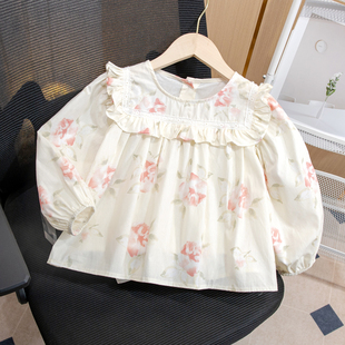 女童洋气休闲长袖衬衫，2024秋装宝宝，复古花边领灯笼袖娃娃衫潮