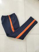 订做纯棉中小学生男女校服长裤深藏蓝色拼橘色，宽杠白细条运动校裤