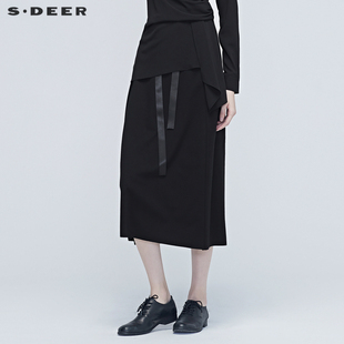 sdeer圣迪奥女装秋款松紧系带字母印胶通勤黑色长裙S20381111