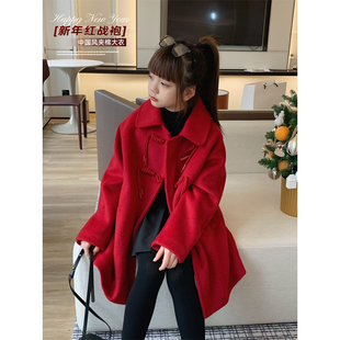 女大童新年红大衣2023冬装青少年中国风翻领中长款夹棉呢外套