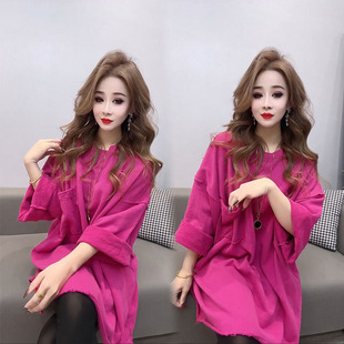 韩版宽松时尚纯色t恤设计感欧货中长款高端洋气，圆领百搭卫衣女春
