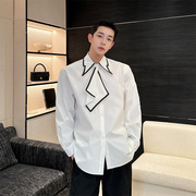 韩版时尚网红小众致衬衫男长袖宽松白色休闲丝巾领装饰设计感衬衣