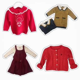 外贸清90-110韩国原单女童，毛衣裙(毛衣裙)羊毛针织衫，红色背心裙娃娃领