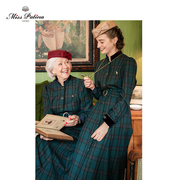 MP英伦复古原创设计 戴安娜皇室苏格兰格子立领气质长款连衣裙