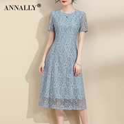 annally2023夏季优雅气质修身大摆中长款浅蓝色蕾丝连衣裙女