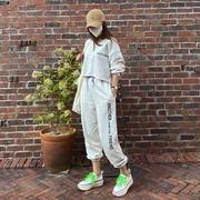 韩国秋季女士纯棉字母印花短卫衣运动束口裤子套装学院风字母