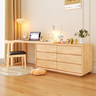 实木梳妆台斗柜组合一体，可伸缩转角书桌简约家用卧室，化妆桌收纳柜