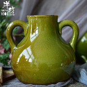洋坊欧式陶瓷花瓶美式插花器客厅餐桌绿色双耳中式冰裂纹装饰摆件