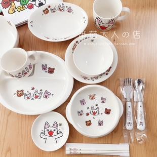  日本可爱白色猫咪儿童陶瓷碗餐盘勺叉水杯 卡通餐具