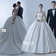 2023影楼主题韩式婚纱极简单抹胸拍照白色缎面蓬蓬裙大拖尾