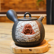 日本常滑烧名家急须素三龟冈克史窑变铁壶风螃蟹侧把紫砂陶茶壶