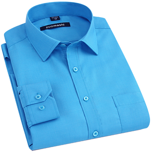 男士休闲蓝色长袖衬衫，时尚潮流男装，纯色大码纯蓝青少年孔雀蓝衬衣