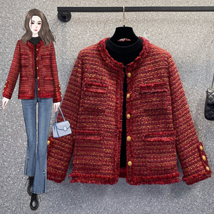 SC-1832秋冬大码女装红色小香风粗花呢短款棉衣外套女里布加绒