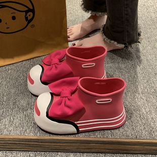 厚底短靴女2023年夏季学生粉色卡通小熊雨鞋，户外防滑防水雨靴