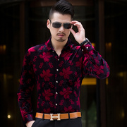 尊信国际美枫福徕长袖修身丝绒，衬衫中国风商务，男艺术植绒休闲衬衣